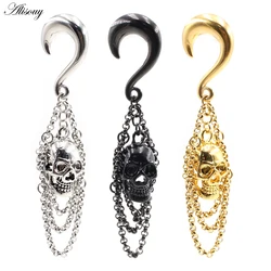 Alisouy 1pc Stainless Steel Ear Weight Chain Skull Skeleton Dangle Ear Plugs Tunnels Expander Stretchers Piercing Body Jewelry