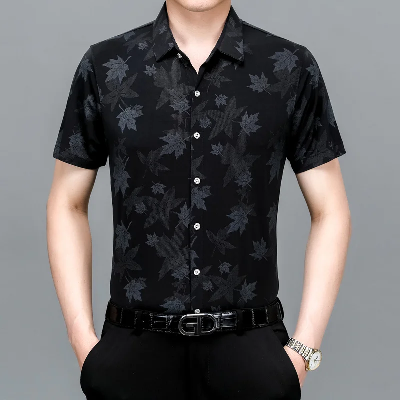 Men's Summer Ice Silk Short Sleeved Shirt Maple Leaf Print Business Casual Trend