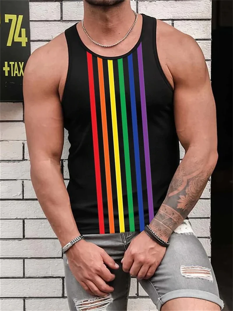 Retro Stripe Graphic Tank Tops For Men Fashion Casual Summer Sleeveless 3D Printed Vest Loose Crew Neck Quick Dry Sports Tees image 2