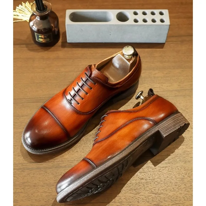 

Genuine Leather British Business Oxford Shoes Round Toe Big Size Formal Dress Shoes For Men Brown Handmade