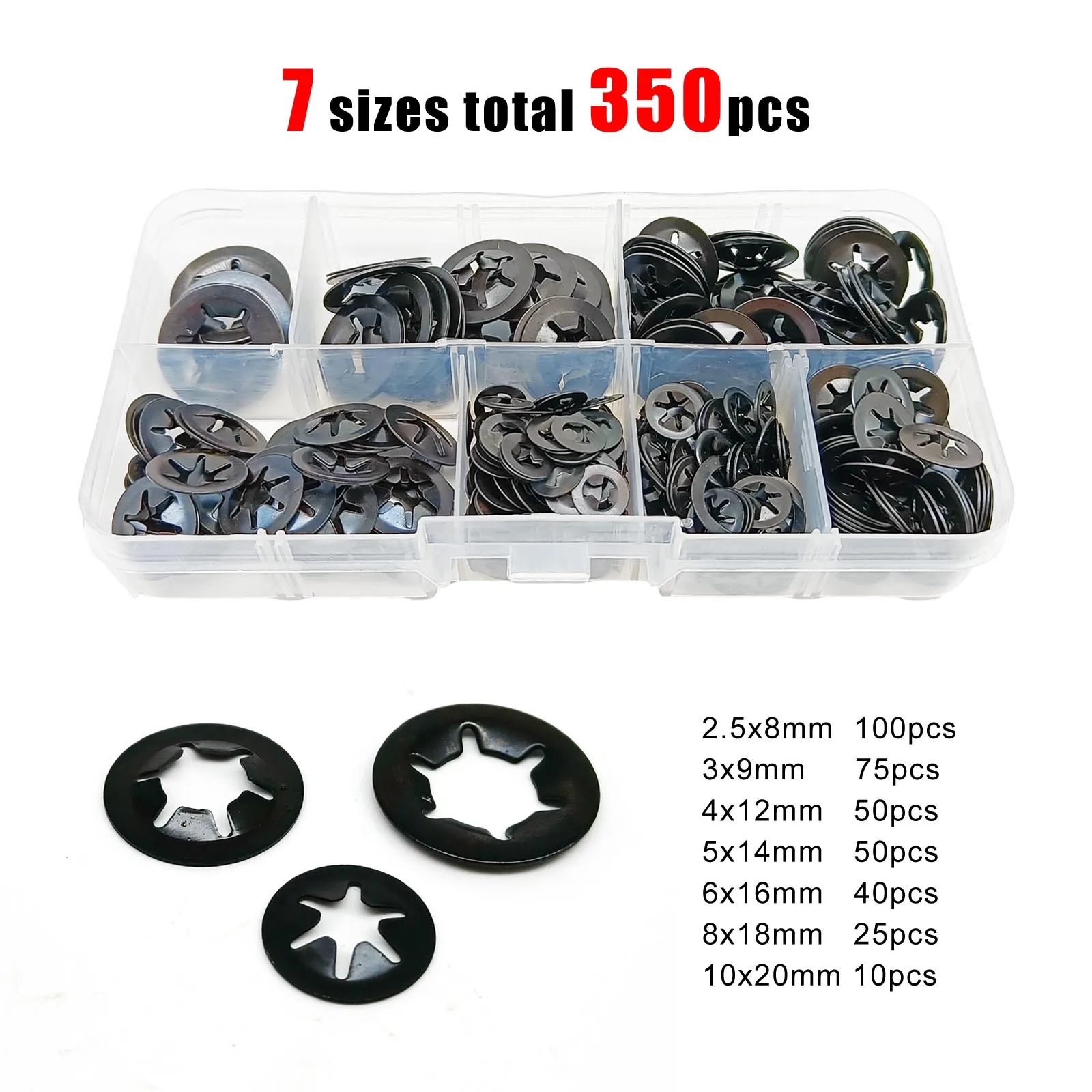 Kit Sortido de 350 Peças de Anilhas Dentadas Internas e Anéis Elásticos Externos Autotravantes (Push-On Speed Clips) M2.5 M3 M4 M5 M6 M8 M10