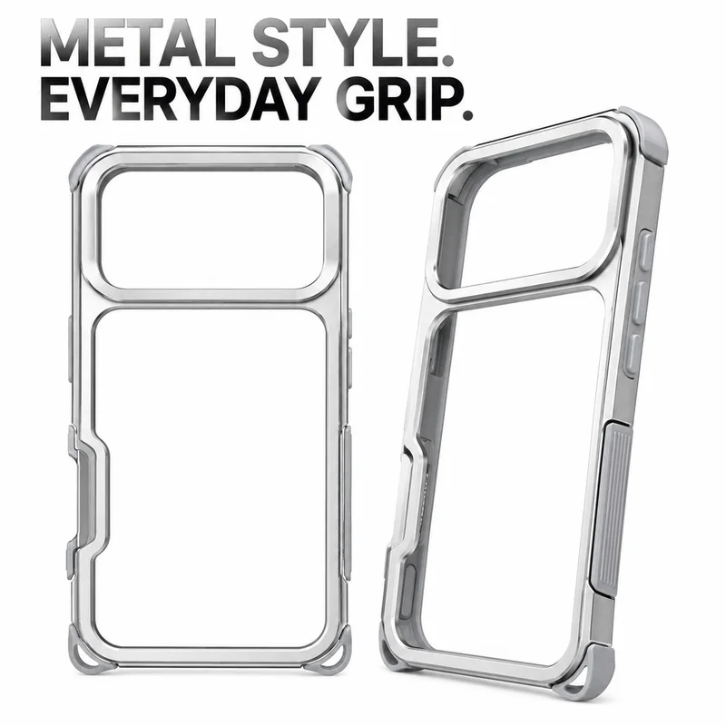 Aluminum Alloy Bumper Case For IPhone 17 Pro Max, Open Back Phone Cover With TPU Corner Cushions And Textured Side Grips For  08