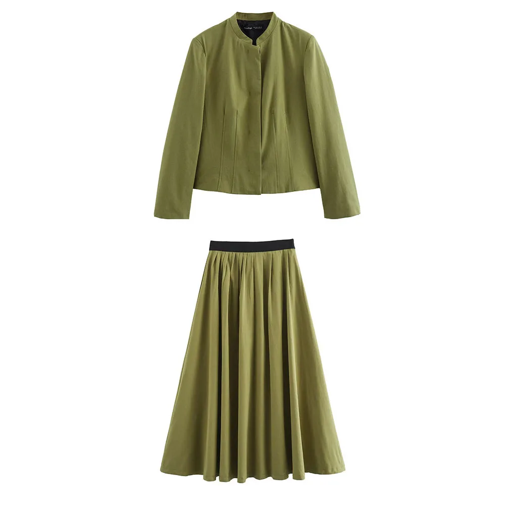 Spring and Summer 2024 New Women's Round Neck Long Sleeve Pleated Short Coat & Contrast Color Waist Pleated Skirt Set