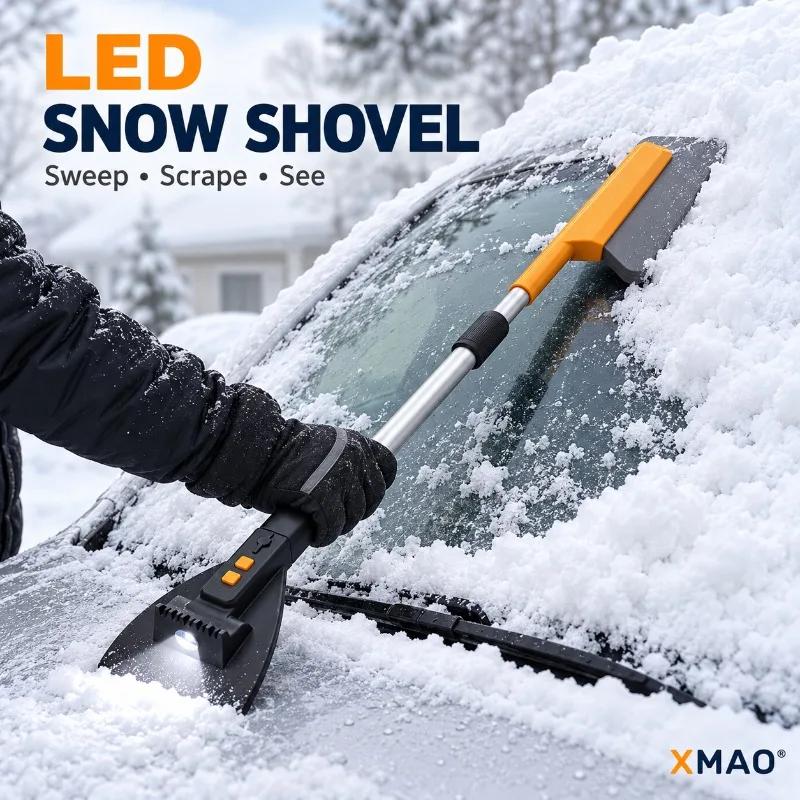 USB Rechargeable LED Car Snow Shovel, Telescopic 30.7-37 in Ice Scraper with EVA Snow Brush for Windshield Frost Removal