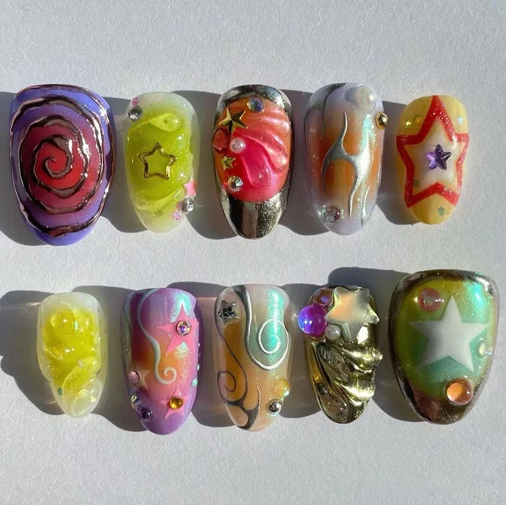 Silver Cool Almond Handwork Press On Nails Art Magic Mirror Powder Mechanical Future Style Bow Star Butterfly Shell Gel Nails