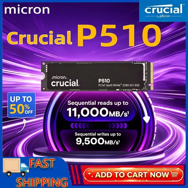 Crucial P510 1TB 2TB PCIe 5.0 NVMe M.2 2280 SSD, Até 11.000 MB/s, Unidade de Estado Sólido Interna, Compatível com Laptop, PC