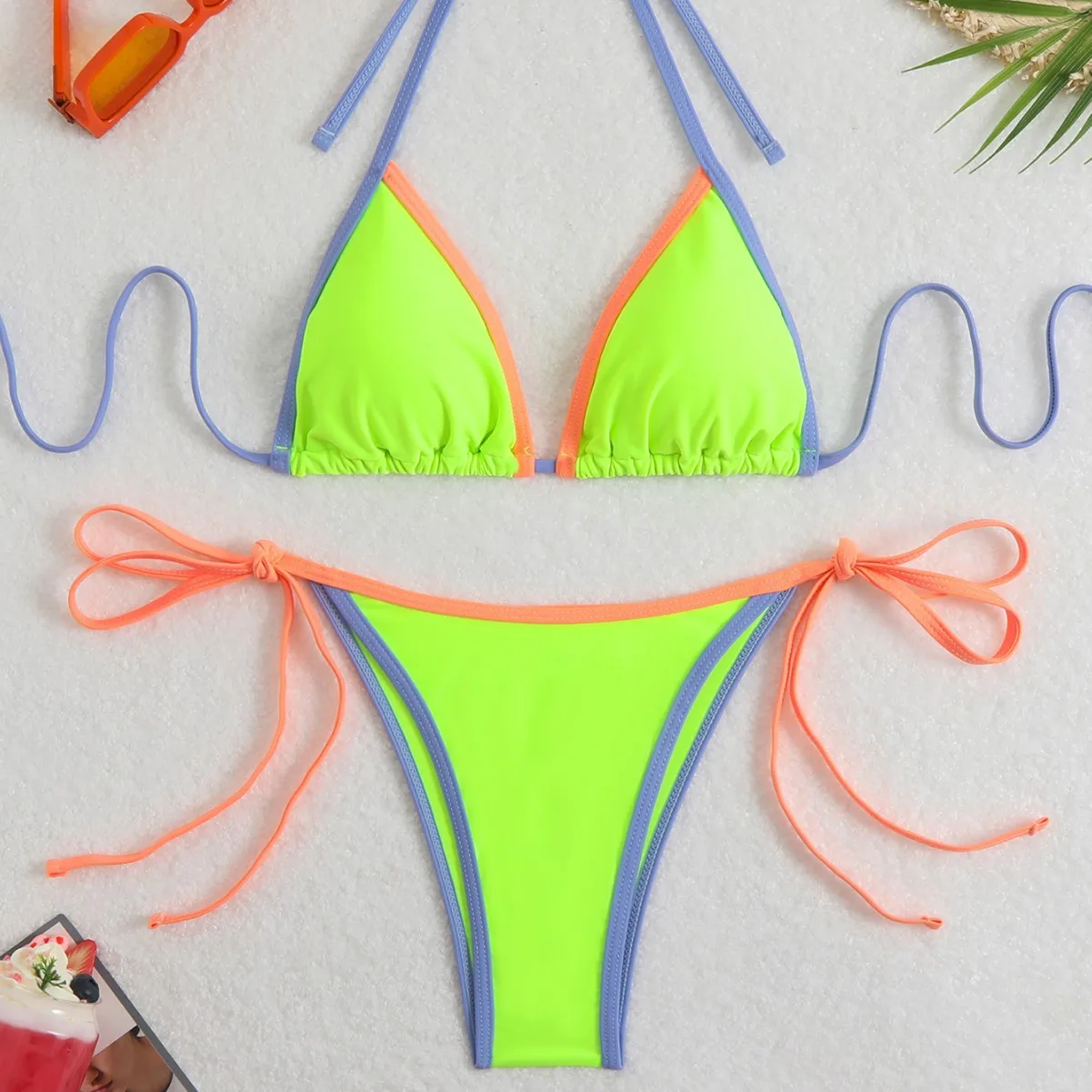 

Sexy Triangle Green Patchwork Bikini Swimwear Women Push Up Brazilian Side String Bandage Bathing Suit Maillot De Bain Femme