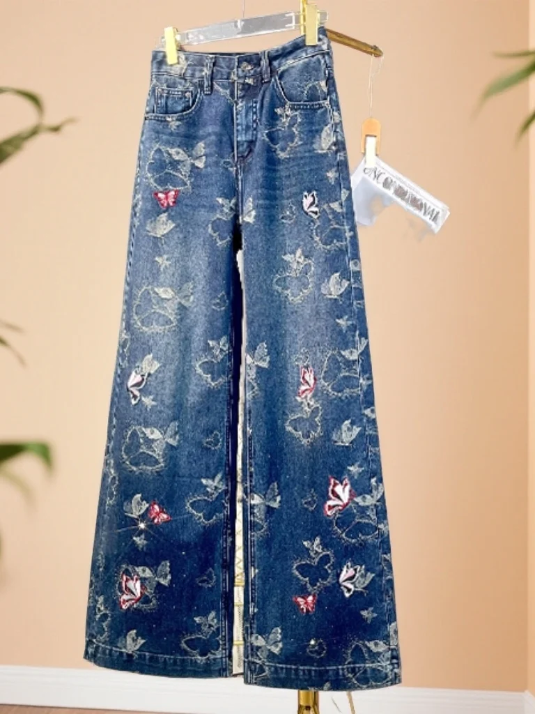 

Faionable Embroidery Wide Leg Casual Jeans High Waist Straight Leg Floor Length Pants Versatile Women's Denim