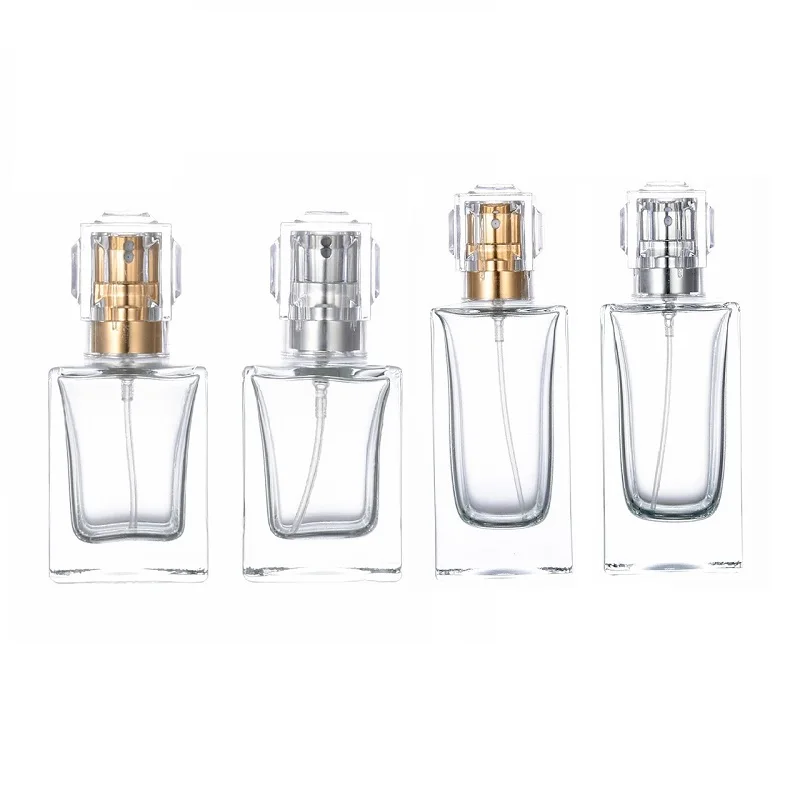 

Empty Bottle Clear Glass Perfume Square Shape 30ml 50ml Gold Silver Spray Pump With Lid Cosmetic Container Mist Spray Bottles