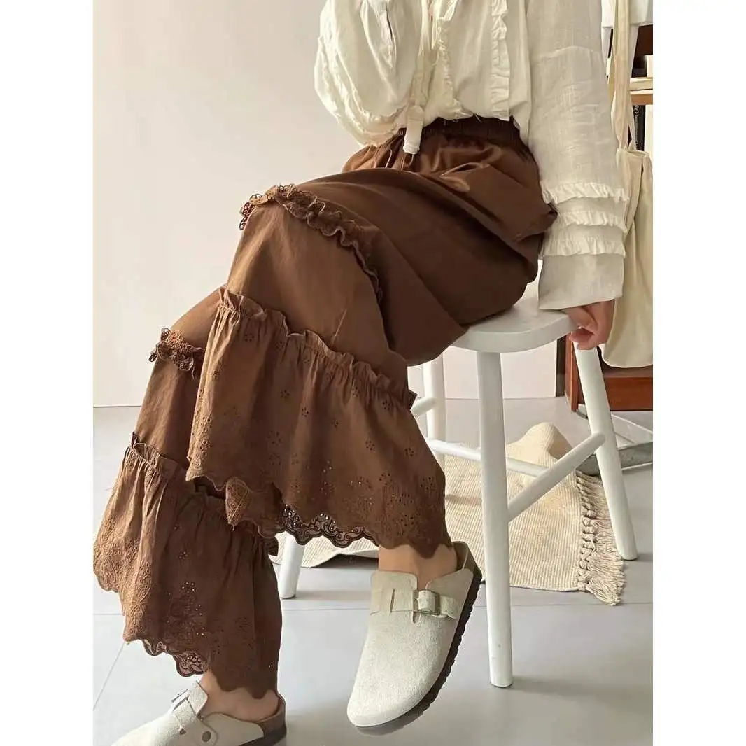 Korean Sle Lace Trim Splicing Elastic Waist Loose Women's Long Pants Casual Trousers Trendy Harajuku Sle Fce Lined
