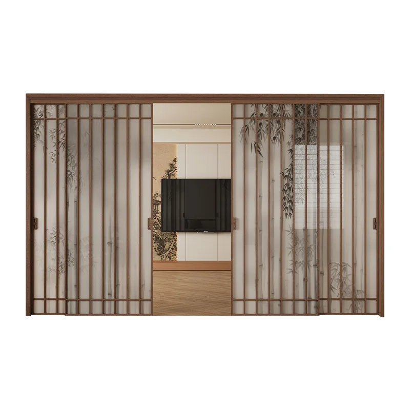 Retro Song's aesthetic sliding door Kitchen balcony Living room partition grille sliding door New Chinese bamboo shadow glass do