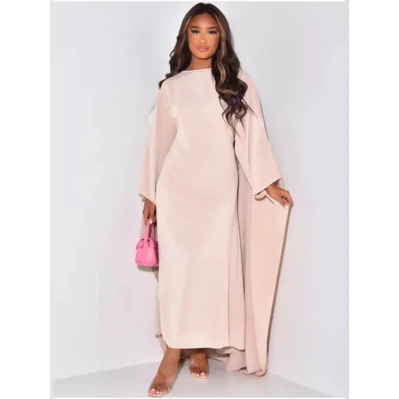 فستان ماكسي فضفاض أنيق للنساء بأكمام عباءة ورقبة مستديرة ملابس خريف وشتاء سادة فساتين طويلة للسيدات غير رسمية أنيقة 2024 L0401