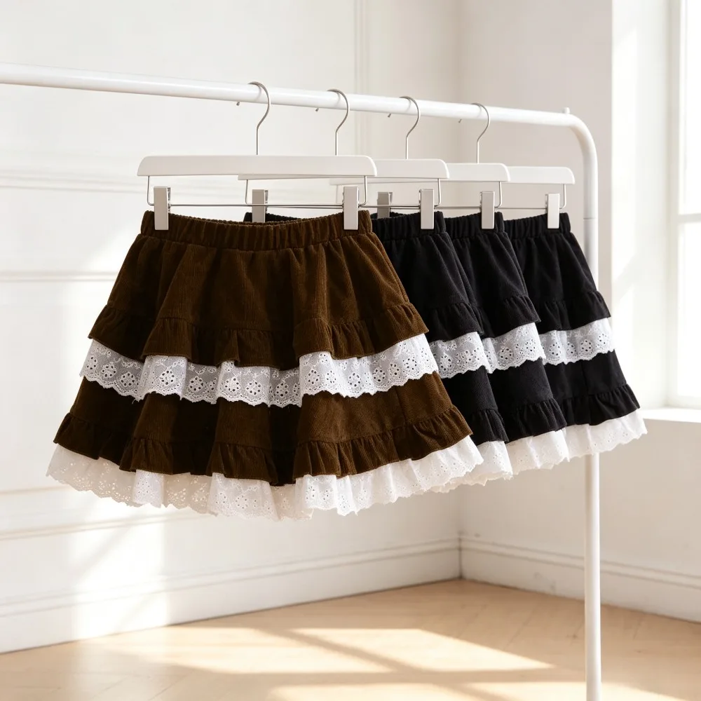 Girls Corduroy Tiered Skirt Autumn Winter Kids Ruffle Eyelet Lace Trim Elastic Waist Mini Skirt For Toddler Little Girls 3-12Y