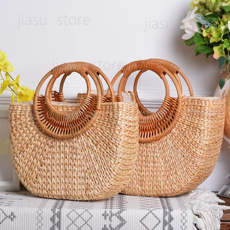Nordic Handmade Straw Woven Handbag, Moon Shape Phone Bag, Bohemian Beach Shoulder Crossbody Bag for Photo