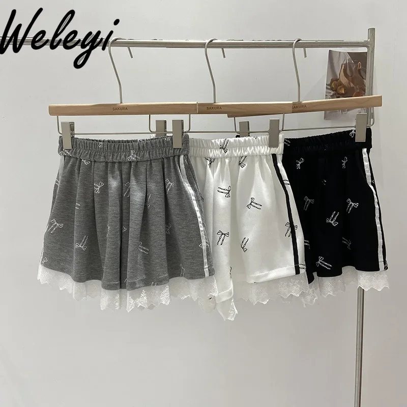 

French Sweet Hot Girl Lace Edge Bow Printed Shorts 2024 Summer New Casual Women's Cotton Blended High Waist Wide-leg Short Pants