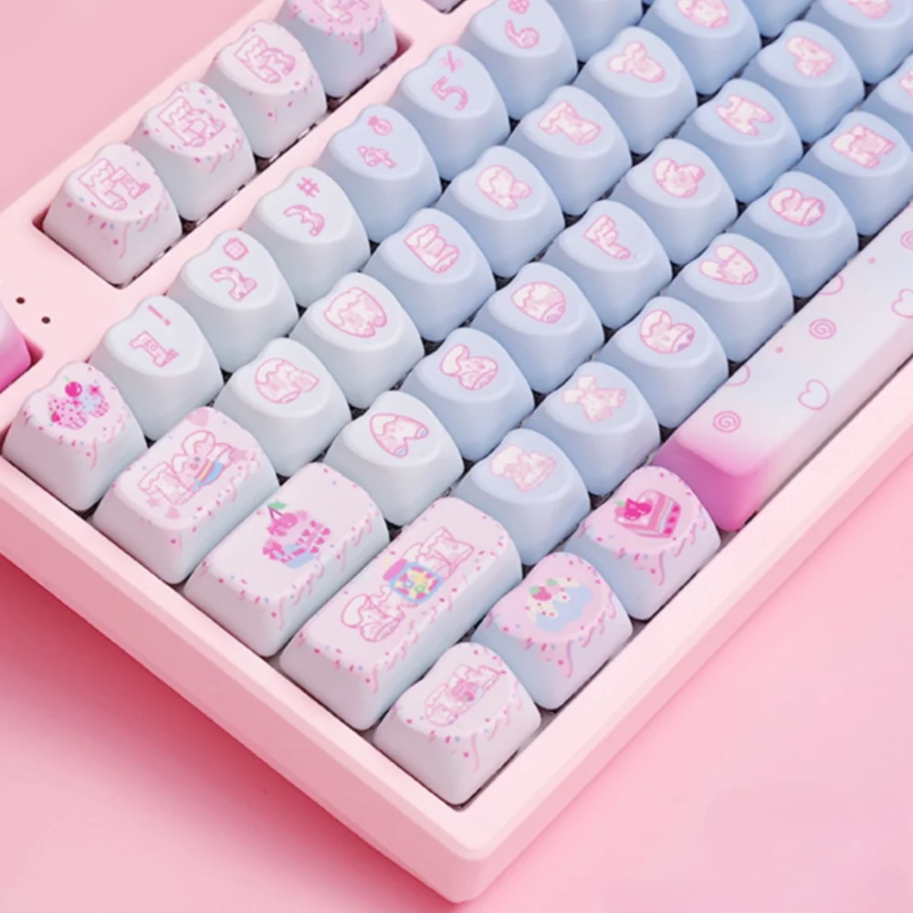 Summer Ice Cream Series Heart Keycap PBT Sublimation Cute Girls Key Caps OEM Profile Blue Pink Keycaps for Mechanical Keyboard