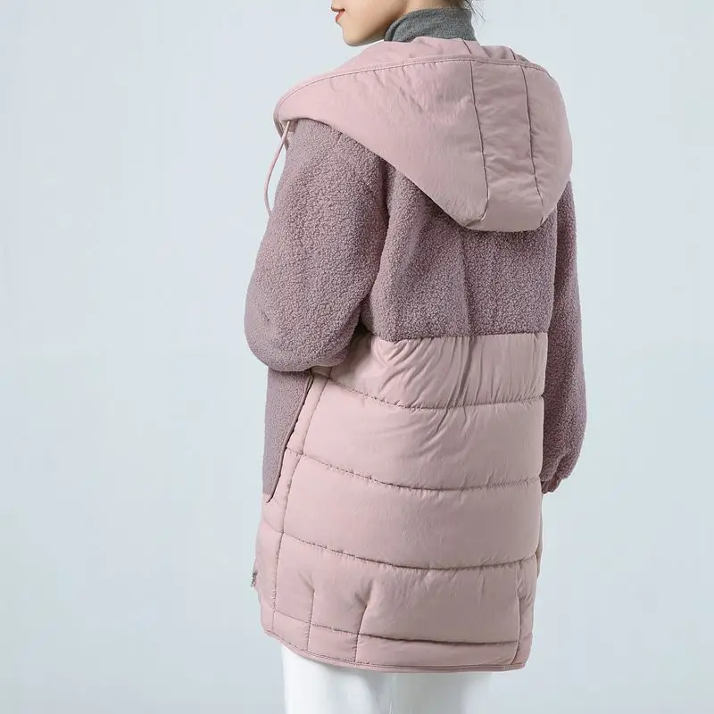 Thick Warm Cotton Jacket Women Overcoat 2024 Autumn Winter New Korean Mid-Length Loose Hooded Imitation Lamb Wool Stitching Coat