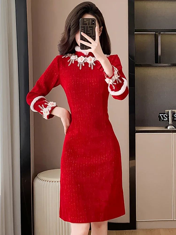 2024 Red Velvet Long Sleve Chic Appliques Dress Elegant Luxury Wedding Dress for Women Autumn Winter Korean Bodycon Party Dress