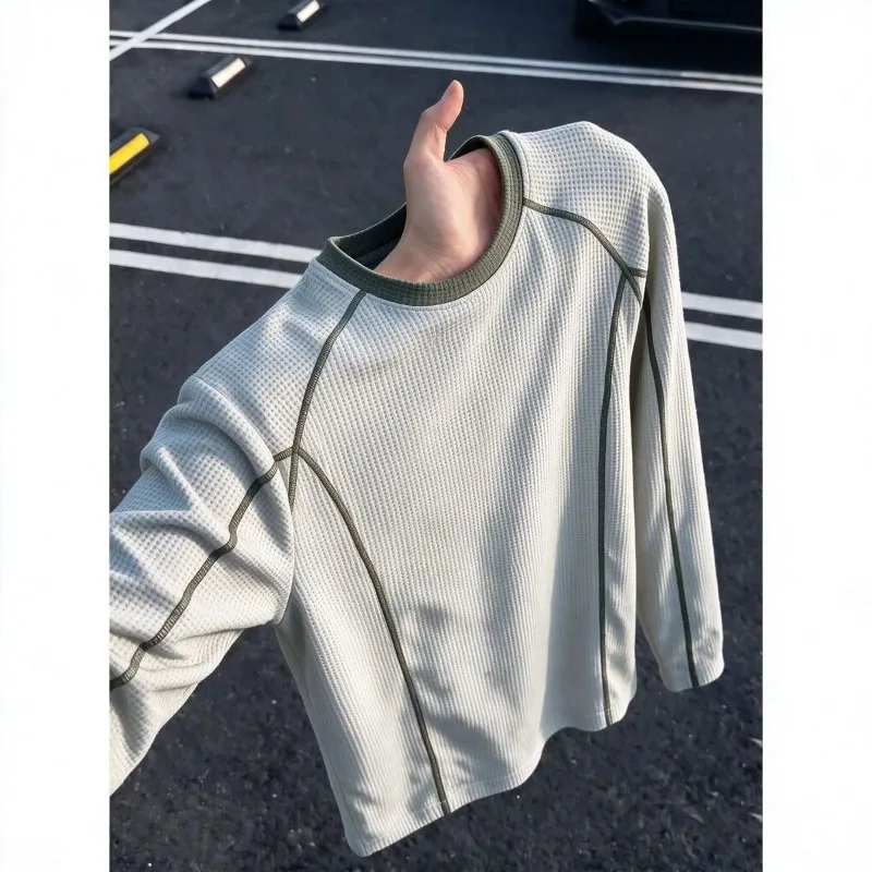 Men's Waffle Knit Crew Neck Long Sleeve T Shirt Contrast Stitching Seam Detail Mountain Style Outdoor Casual Top