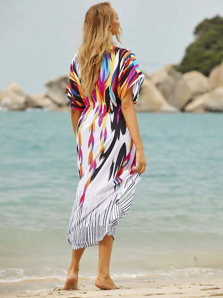 2025 nieuwe Regenboog kleur Beach Cover-Ups Vrouwen Gewaad Lace Up Plus Size V-hals Strand Lange Jurk Zomer Mode badpak Cover Up