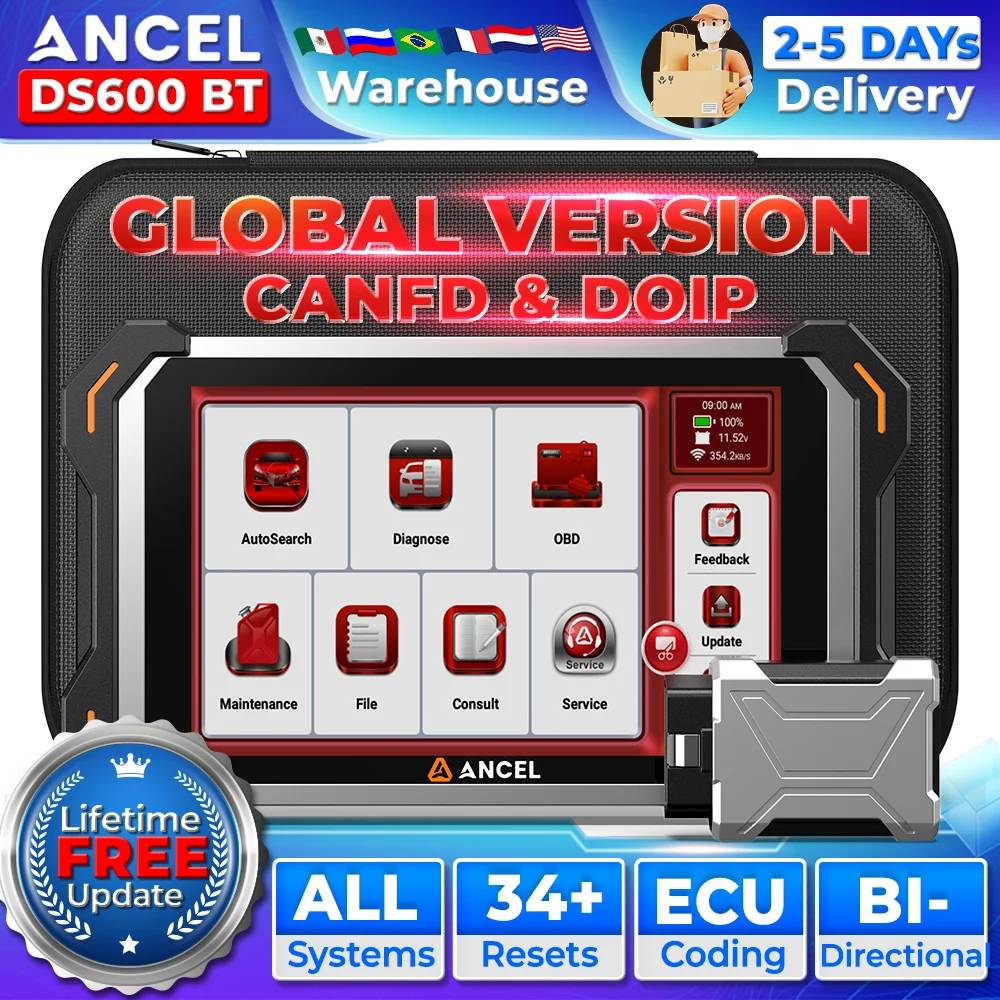 

Сканер ANCEL DS600 BT OBD2, автомобильные диагностические инструменты с 34+ сбросами автомобиля CANFD DOIP, кодирование ЭБУ, двунаправленное управление, сканирование 2025