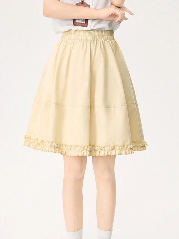 Preppy Style Sweet Skirt Women Fashion High Waist Ruffles Midi Skirts Summer Cute Casual All Match Solid Kawaii A Line Skirt New