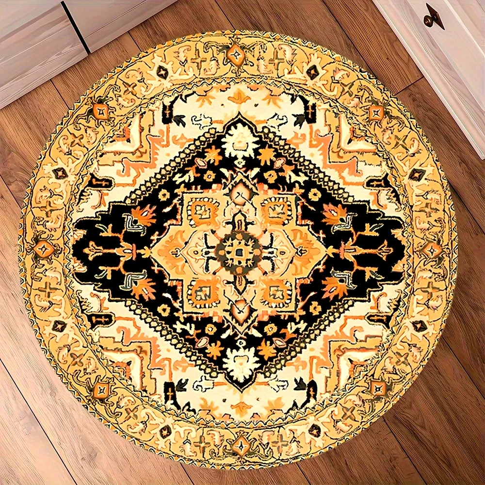 Boho Traditional Ethnic Floral Circular Rug  Retro Black Orange Border Antique Oriental Round Rug for Living Room Bedroom