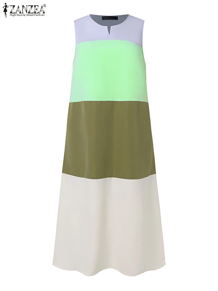 ZANZEA Vakantie Patchwork Tank Gewaden Zomer Colorblock O-hals Lange Jurk Vrouwen Casual Mouwloze Vestidos Koreaanse Strand Zonnejurk