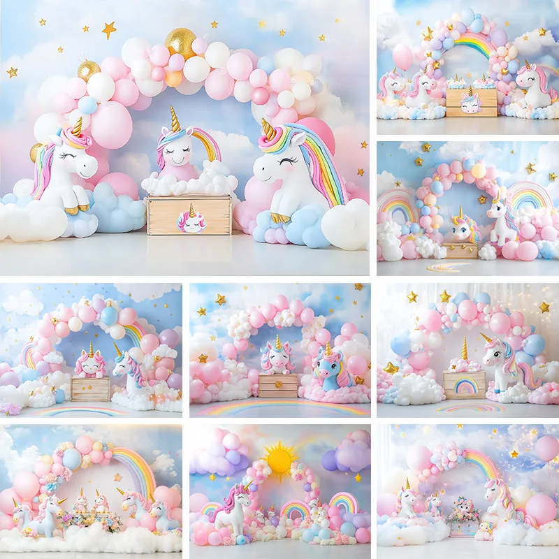 

WPFSGEPhotography Backdrop Unicorn Clouds Cartoon Style Daughter Newborn Birthday Party Decoration Photo Studio Background Props