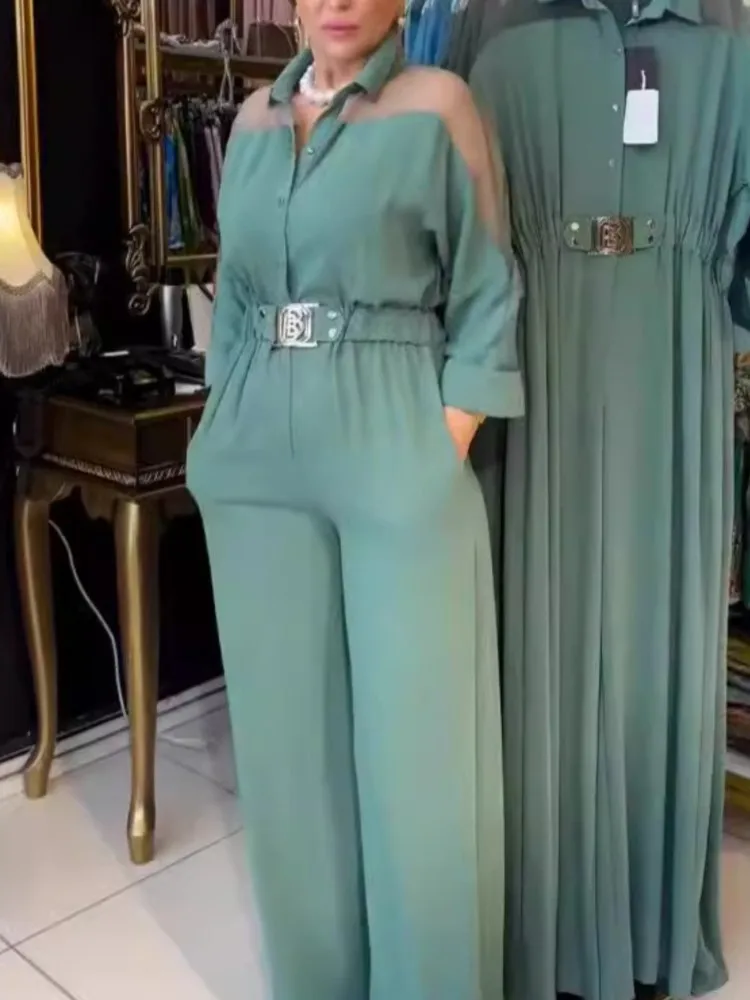 

Jumpsuit Full Sleeve Turn Down Collar Office Lady Clothing High Waist Jumpsuits For Women 2025 One Piece Wide Leg Pants Rompers