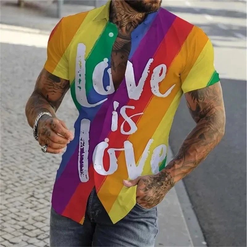 قميص قوس قزح ملون مطبوع ثلاثي الأبعاد للرجال صيفي غير رسمي بقصة ضيقة وأكمام قصيرة قمصان مثليه للمثليين قمصان علوية Camisas De Hombre #1
