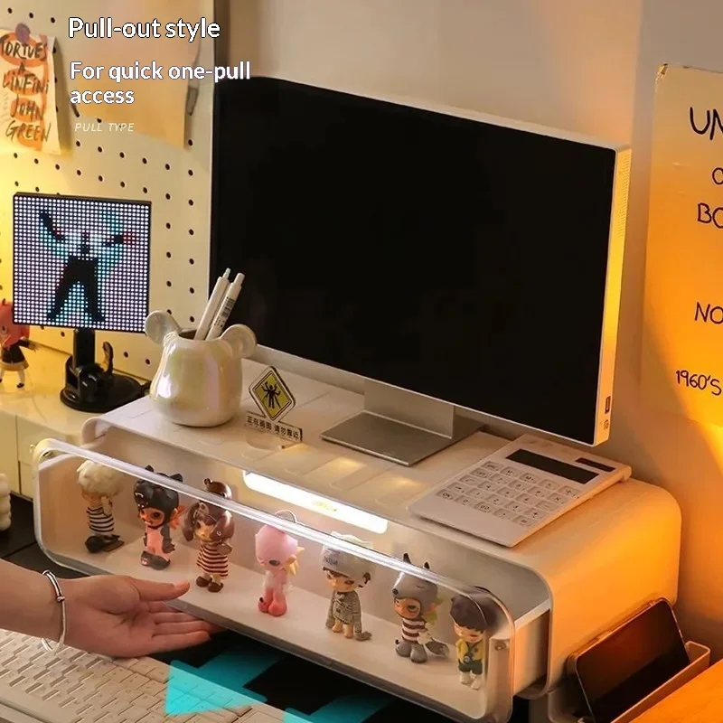 Generic Desktop Monitor Riser With Drawer LED Lighted Storage Space White Office Desk Organizer For Blind Box Stationery Phone
