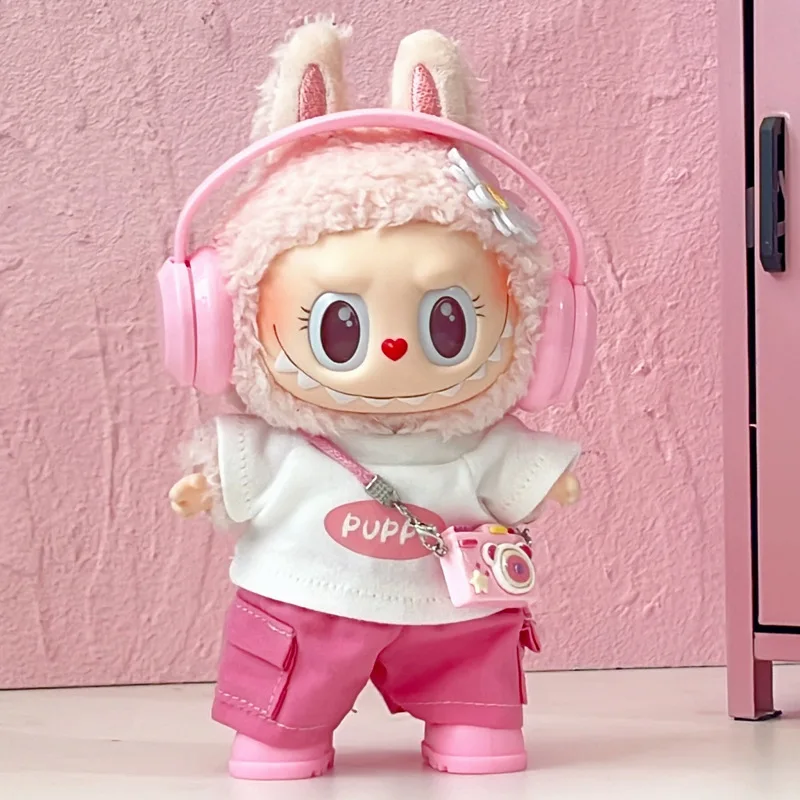 For 15-17cm Cute Labubu Dolls Clothes Pink Purple  Earphones T-shirts Shorts Outfit Clothing Labubu V1 V2 Diy Toys Accessories