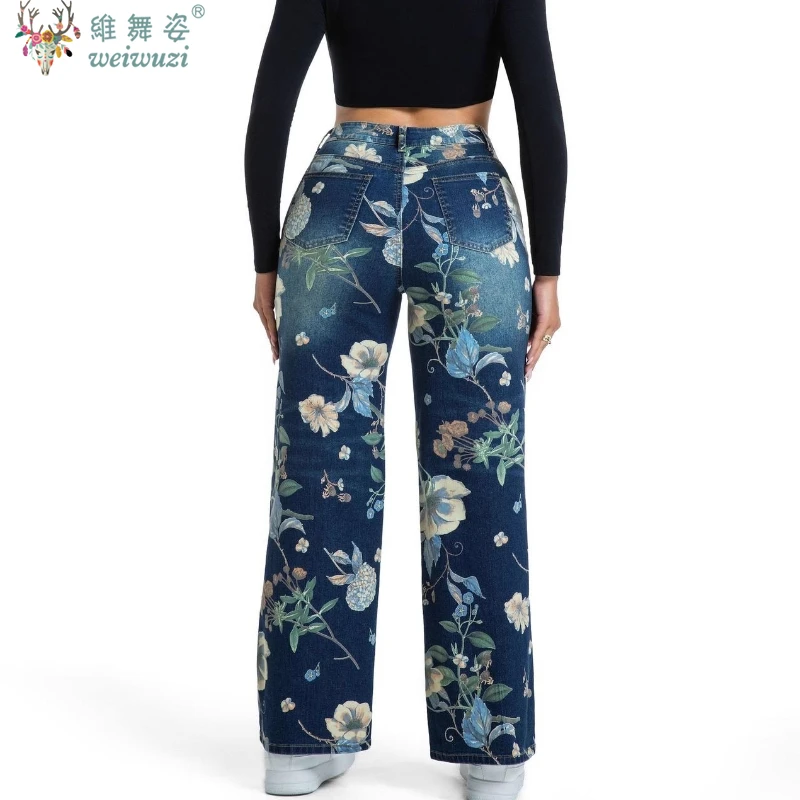 Women's Flower Print Jeans Y2K Fashion Wide-Leg Denim Pants Spring New Outdoor Causal Plus Size High Waist Slim Straight Pants