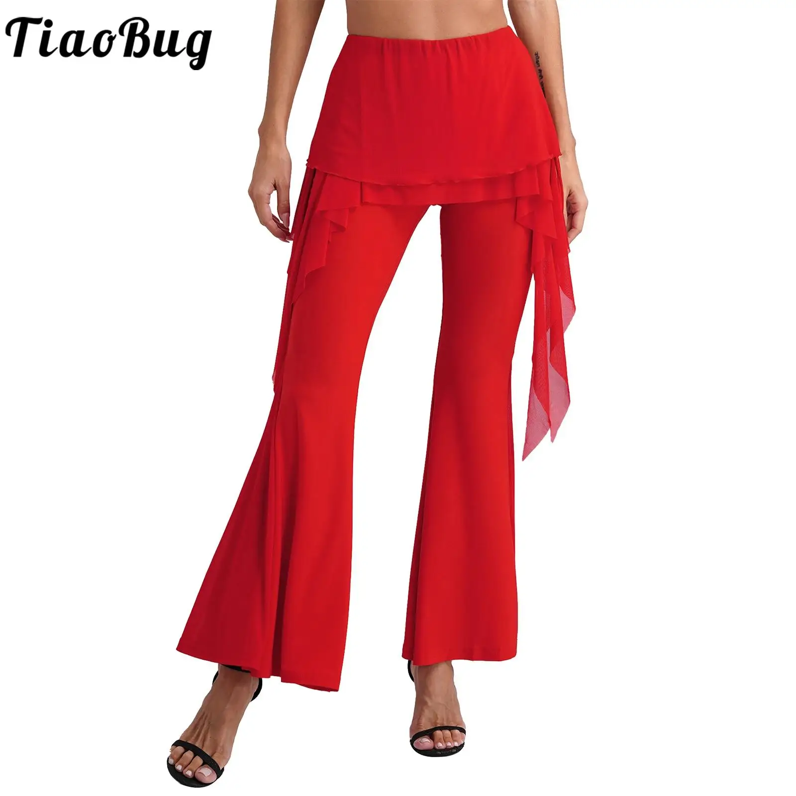 

Womens Latin Dance Performance Pantskirt Drawstring Mesh Skirted Flared Pants Elastic Waistband Bell-Bottomed Trousers