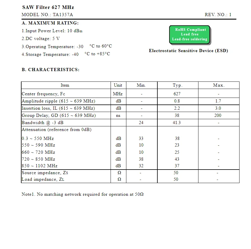 (10PCS) TA1357A 코드 1357 새로운 정품 627MHz 패키지 SMD SAW 필터