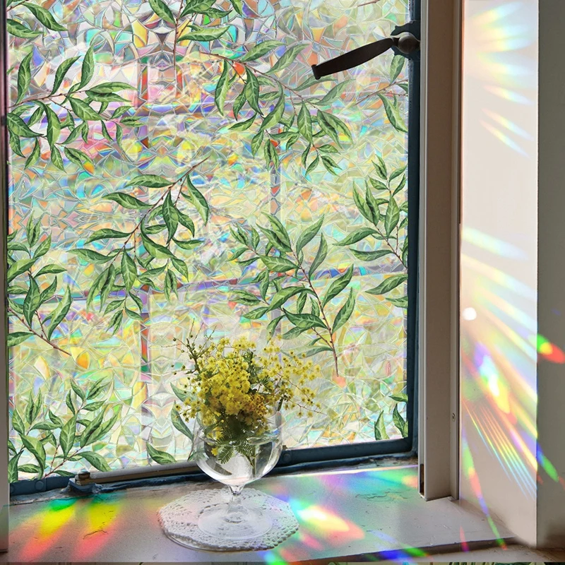 Colorful Rainbow Glass Privacy Film Static Sticker PVC Double-sided Window Film Colored Plant Flowers Removable Window Stickers
