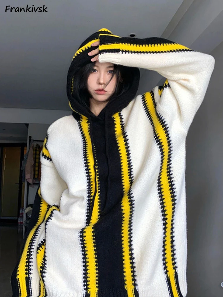 

Hooded Sweaters Women Autumn Contrast Color Daily Simple Korean Style Fashion Comfortable Chic Cool Girl Vitality Baggy Ins 2023