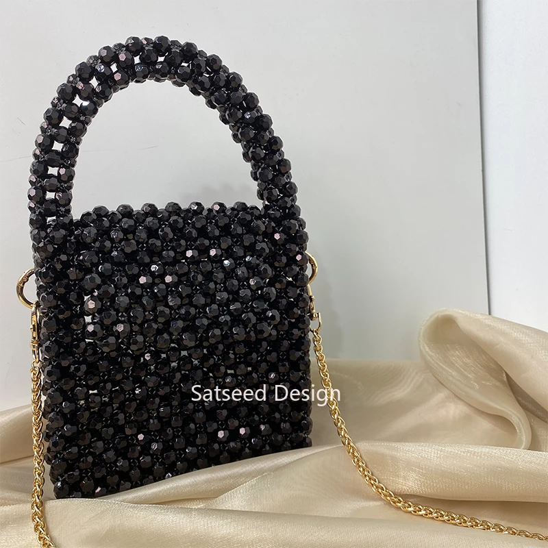 

Black Acrylic Women Party Bags Top-Handle Designer Handmade Stone Beaded Crossbody Purses Handbag Metal Chain Custom Color 2024