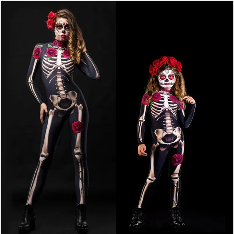 Dag Van De Dode Vrouwen Enge Ghost Kostuum Rose Skelet Halloween Sexy Duivel Jumpsuit Meisje Carnaval Feestkleding Voor Volwassen Kind