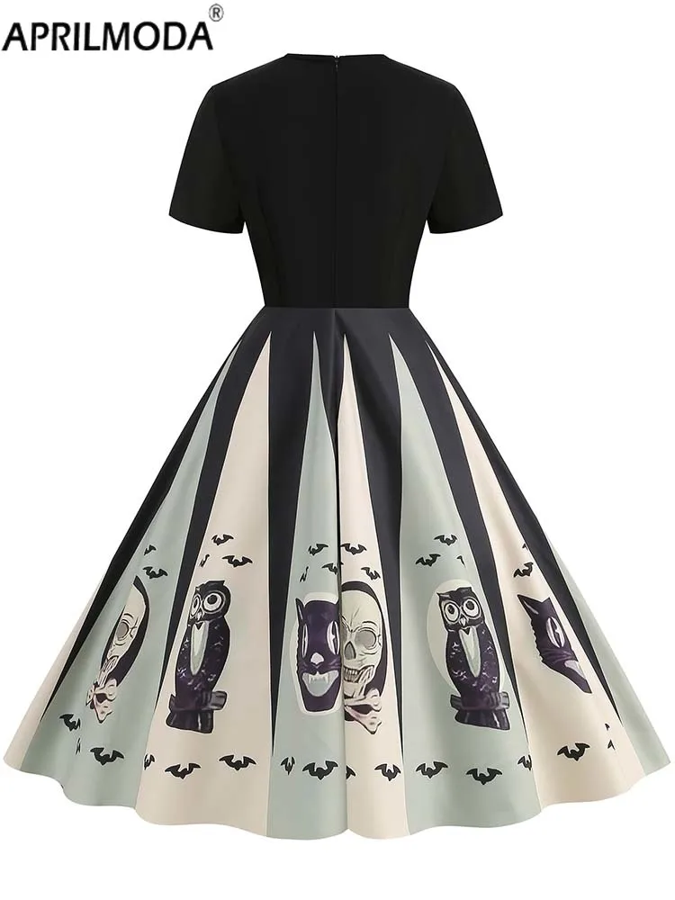 Eleganckie świąteczne kostiumy na Halloween sukienki z krótkim rękawem z nadrukiem 2023 jesień zima 50s Vintage Party Dress Cosplay Vestidos