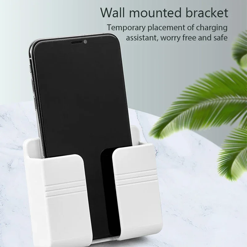 3pcs Wall Mount Phone Holder White Punch Free Wall Mobile Phones Charging Stand Lazy Sticky Remote Control Storage Box