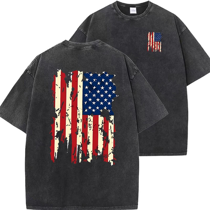 Set American Flag Graphic Prints Men Tshirt Summer Vintage Washed Cotton Tees Loose Short Tee Clothing Medium Strecth Tops