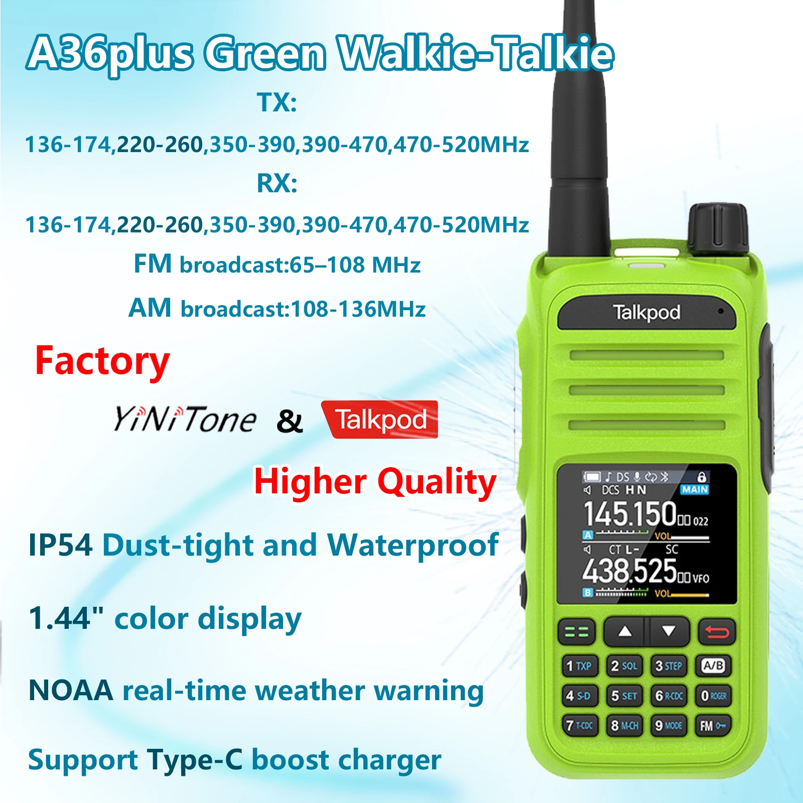 

Green A36plus Transceivers UHF/VHF/AM/FM Multi-Band Portable Multi-Function with Color Display Type-C Waterproof Two Way Radio