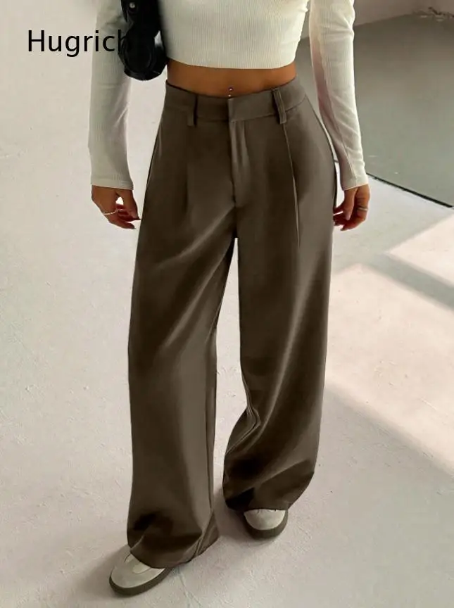 Minimalist Solid Grey High Rise Pants Single Front Pleat Smooth Soft Fabric Oversized Wide Leg Long Pants