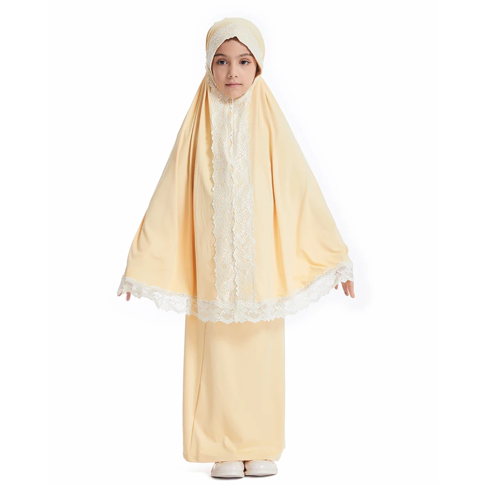 

2 Piece Set Prayer Garment Lace Dress Muslim Kids Girls Abaya Hijab Khimar Ramadan Skirt Arabic Niqab Djellaba Jalabiya Kebaya