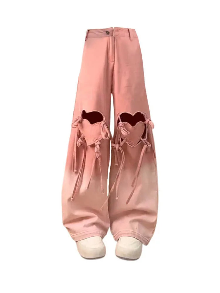 

American Retro Washed Pink Wide Leg Pants Ripped Hole High Waist Denim Trousers Baggy Removable Heart Lace Up Jeans Streetwear