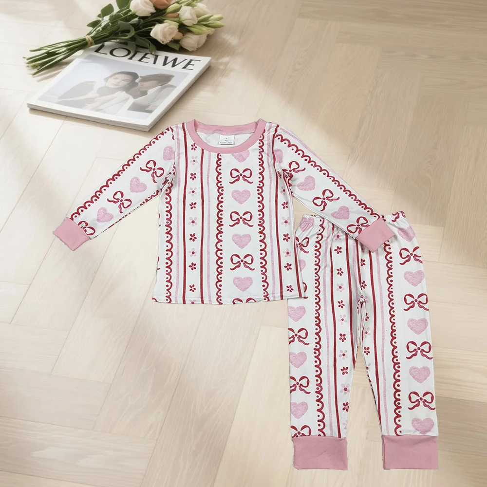 12.17 Baby Girls Winter Clothes Baby Girls Pink Bows Hearts Stripe Top Pant Valentine Pajamas Sets