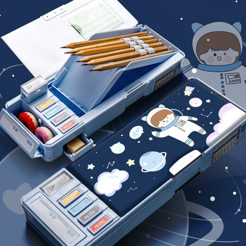 Mechanical Deformable Cute Cartoon Pencil Case With Pen Insert Multifunctional Key Switch Plastic Stationery Storage Box