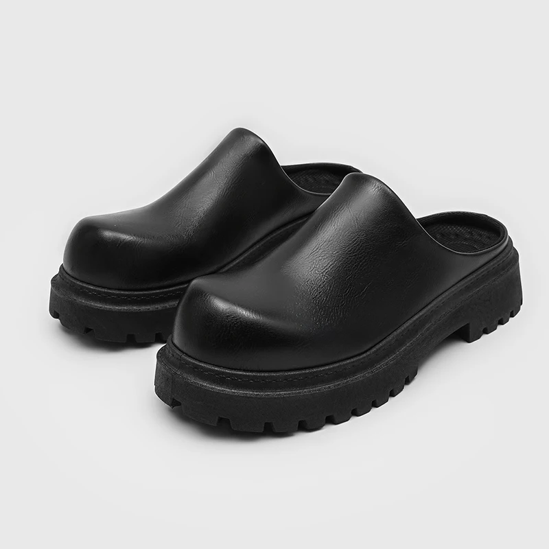 Round Headed Men's Leather Shoes Summer Trendy Slippers Outdoor Leisure Party Walking Thick Soled Height Increasing Men's Shoes